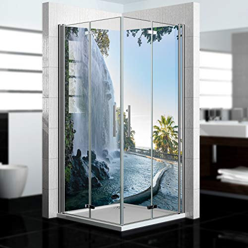 dedeco Eck-Duschrückwand wasserfest mit Wasserfall V11 Motiv - 2 x 90x200 cm, als Badrückwand zum Fliesenersatz, als Dekorwand, Wandverkleidung und Duschplatte aus Aluminium - Made in Germany