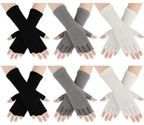 6 Pairs Unisex Half Finger Gloves Warm Stretchy Knit Fingerless Gloves 8.6 Inches for Women Men(Black, White, Light Gray)