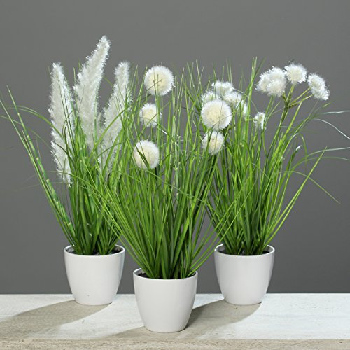 Seidenblumen Roß 3er Gras-Set 38cm/40cm/48cm im weißen Dekotopf DP Kunstpflanzen Kunstgras Dekogras künstliches Gras