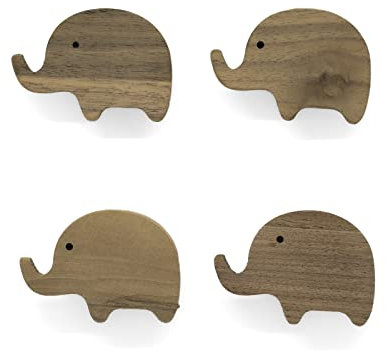 PLT 4 Stück Tierische Griffe für Kindermöbel aus unbehandeltem Walnussholz im Elefanten-Motiv, Knauf, Knopf, Kommode, Schrank, Schublade, Tür, Kinderzimmer, Geschenkidee (4, Elefant)