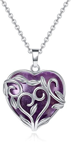 JOVIVI Natural Amethyst Crystal Stone Heart Pendant Necklace Reiki Healing Silver Flower Wrapped Gemstone Purple Amethyst Jewellery Women Gifts