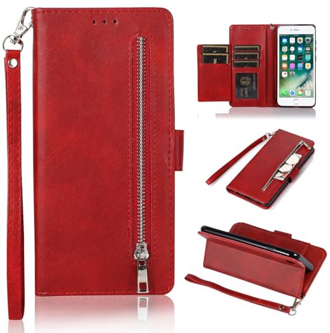 EYZUTAK Wallet Case for iPhone 8 Plus iPhone 7 Plus, 5 Card Slots Magnetic Closure Zipper Pocket Handbag PU Leather Flip Case with Wrist Strap TPU Kickstand Cover for iPhone 8 Plus 7 Plus - Red