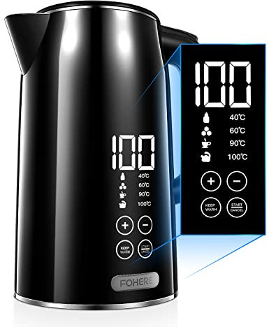 Wasserkocher mit Temperatureinstellung 1.7L, LCD Temperaturanzeige von 40 °C bis 100 °C, FOHERE Doppelwand Wasserkocher Schwarz, 240 Min Warmhalten, Leises und schnelles Aufheizen 2200W
