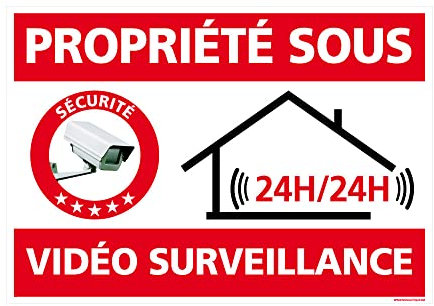 Panneau Propriété Sous Vidéo Surveillance, Panneau Alarme - 24h/24, Sticker, panneau PVC ou Aluminium. Caméra de Sécurité - 105 x 75 mm - Adhésif - Adhésif -