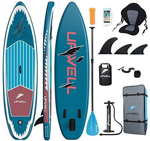 UPWELL 320x81x15cm Aufblasbares Paddle Board Sup - Stand Up Paddling Board mit Kajaksitz Surfbrett Erwachsene Paddleboard, Blue Shark