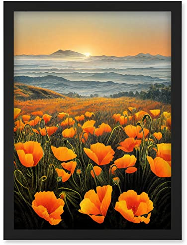 Doppelganger33 LTD Shoreline California Poppies At Sunrise Painting Artwork Framed Wall Art Print A4