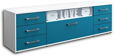 Lqliving TV-Board Lowboard Beatrice, Korpus in Weiss matt, Front im trendigem Türkis (180x49x35cm), mit Metall Griffen, Made in Germany