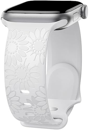 Ersatz-Armband mit Sonnenblumen-Gravur, Weiß, 38 mm, kompatibel mit Apple Watch-Armbändern, weiches glänzendes Silikonband für Damen für iWatch Serie Ultra 9, 8, 7, 6, SE, 5, 4, 3, 2