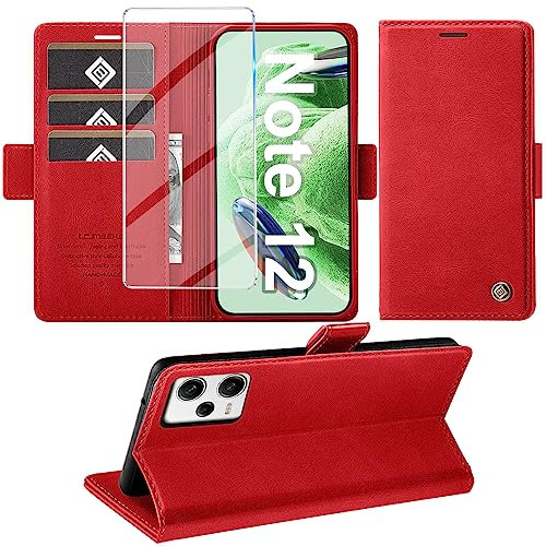 Giyer Handyhülle für Xiaomi Redmi Note 12 5G Hülle mit Displayschutzfolie, Schutzhülle Redmi Note 12 5G PU Leder Wallet Flip Case Ständer Kartenfach Klapphülle für Xiaomi Note 12 5G Tache (Rot)