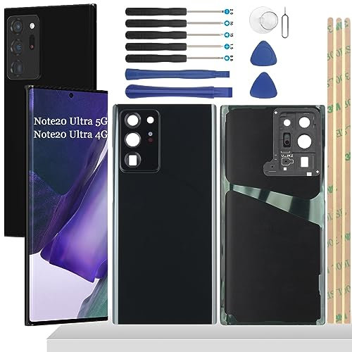 YHX-OU 6.9'' Schwarz Akkudeckel für Samsung Galaxy Note 20 Ultra 5G Galaxy Note 20 Ultra Rückseite Glas Backcover Back Glas Ersatz Reparatur Set mit Kamera Linse Glas+Werkzeug