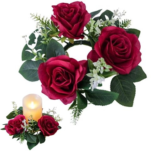 SMELEYOU Kerzenringe 9 Zoll künstliche Rosenkerzenringe Kränze mit grünem Eukalyptus Blätter kleine Kerzenringe für Säule Hochzeit Herzstück Weihnachtskerzenringe rot