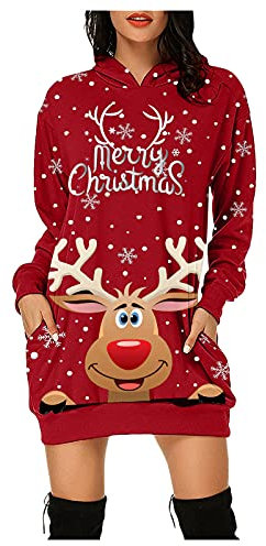 Chanpning Robe De Noël Femme- Pull De Noël Famille- Moche Sweat À Capuche Hiver Chaude Poche À Manches Longues Pull Noel Wapiti Pullover Noël Chic Moche Sweat Imprimé Noël Élégant Robe De Noel 2023