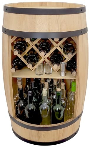 WEECO Barilotto in legno da 80x50cm per soggiorno, Minibar, Bar da parete, Barile in legno, Botte da collezione per bottiglie, Scaffale per bottiglie per vino, Cantinetta per Cucina, Portabottiglie