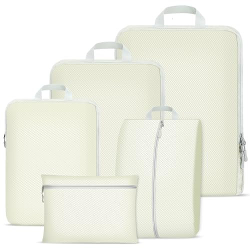 Kompressions Packwürfel Set für Koffer, Gepäck Reise Organizer Set,Reise Kleidertaschen,Koffer Organizer Set,Packtaschen für koffer,Wasserdicht Packing Cubes Travel Essentials(Beige 5 Stück)