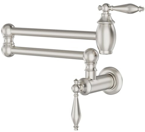 GIMILI Topffüller, gebürstetes Nickel, Küchenspüle, Topffüller, Wasserhahn, Wandmontage, Küchenarmaturen, über Herd, Messing, Klapphahn mit Doppelgelenk-Schwenkarmen