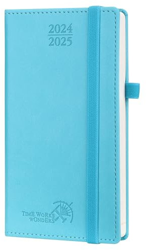 POPRUN Taschenkalender 2025 Klein 16,5 x 9 cm (Aug.2024-Dez.2025) - Kalender 2025 Klein mit PU-Leder - Terminplaner, Planer 1 Woche 2 Seite mit Stiftschlaufe - Blaugrün