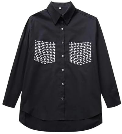 Mit Nieten Verziertes, langärmliges Hemd mit Polokragen, Neuer Herbststil, einreihiges, lockeres, lockeres Oberteil mit Knopfverzierung – Schwarz – XS