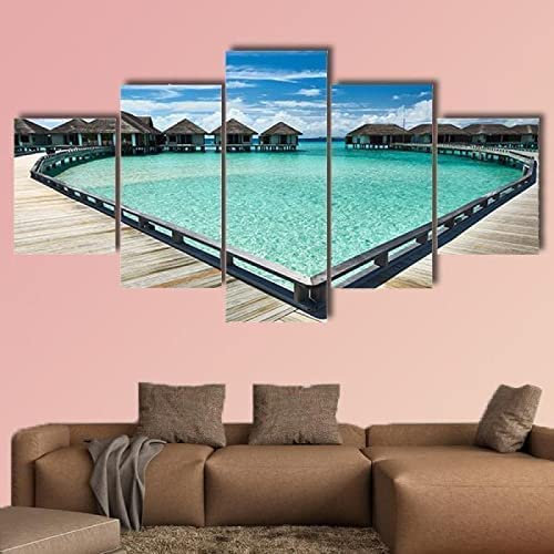 Kunstdrucke Gemälde 5 Teilig Leinwand Drucke,Wand Für Zuhause Malerei Wohnzimmer Wohnung Deko Modulare Bilder 5 Stückstrand- Und Überwasser-Bungalow