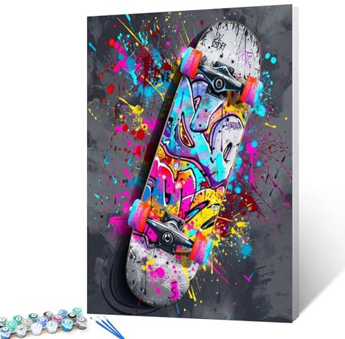 Graffiti-Skateboard-Ölgemälde, Malen nach Zahlen, 40,6 x 50,8 cm, Leinwand, Straße, Banksy-Stil, Skateboard, DIY-Malerei für Kinder, Studenten, Erwachsene, Anfänger, mit Pinseln, Acryl-Pigment (ohne