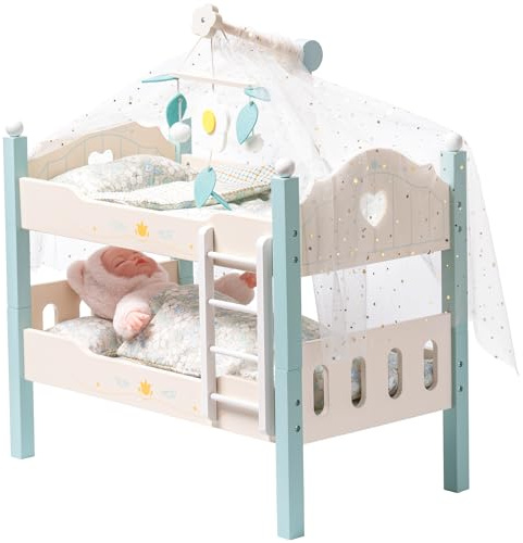 ROBOTIME Puppen-Etagenbett aus Holz, Puppenbetten, umbaubares Bett mit Leiter und Bettzeug, für 18 Zoll große stapelbare Puppenbetten, perfektes Puppenzubehör, Geschenk für Kinder (Blau)