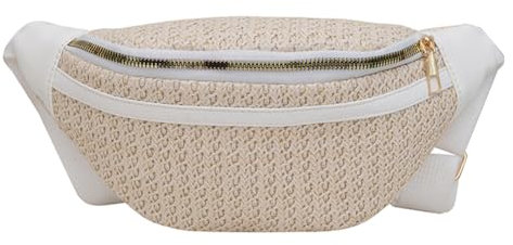 Fiorky Sac à bandoulière tissé pour Femme - Sac Banane tressé en Paille Patchwork - Sangle réglable - Pochette de Taille tissée - Sac Quotidien pour Filles (Blanc)
