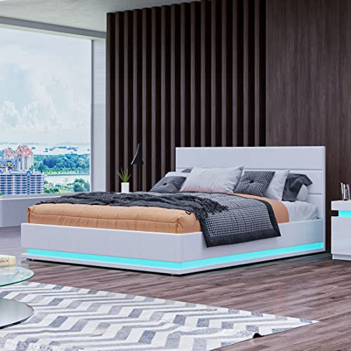 Ottoman Storage Bed - 4ft6 Double Ottoman Gas Lift Bed with LED Lights & Faux Leather Finish - White