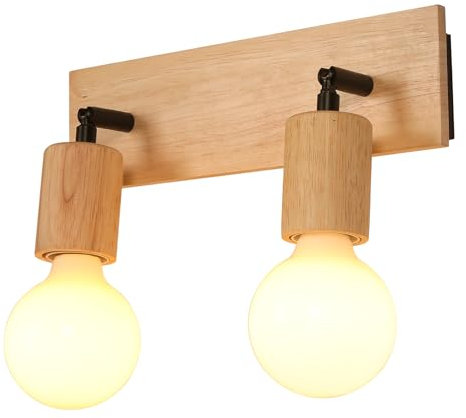 LIGKIN Wandleuchte Innen Vintage E27 Wandlampe Holz Schwenkbarer Lampenkopf Wandleuchte 2 Flammig Wandspots Metall Deckenleuchte für Wohnzimmer, Schlafzimmer, Korridor