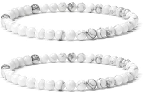 Landorilo 2 Stück Naturstein Runde Perlen Stretch Armband (4mm) für Damen Herren, Yoga Heilstein Armbänder, Freundschaftsarmband, Paar-Armband, Ersatzperlen Inklusive(2R Weiß Türkis)