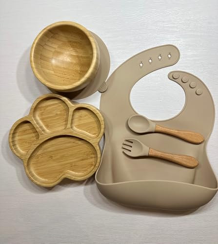 Platos, cuencos y cucharas de bambú para la alimentación de los niños, juego de alimentación unisex para bebés (plata)