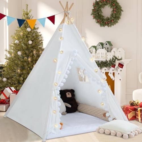 WIRHAO Tipi Zelt für Kinder mit gepolsterter Matte Baumwolle Canvas Tipi Kinder Zelt mit Pompom Indoor Kinderzelt für Mädchen Jungen mit Sternen Lichter, Tragetasche, Banner Flagge (Weiß)