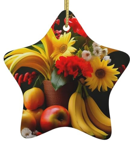 Weihnachtsschmuck „Bananen und Blumen mit Goldener Schleife, Weihnachtsbaumschmuck aus Keramik zum Aufhängen für die Feiertage, Keramikschmuck zum Basteln, Christbaumschmuck, Heimschmuck für Weihnach