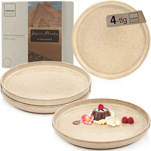 Sänger Kairo Mocha | Dessertteller 4 teilig, Steingut Frühstücksteller 4 Personen, kleine Teller spülmaschinenfest mikrowellenfest, Steingut Geschirr Beige Teller Set | VALUE COLLECTION