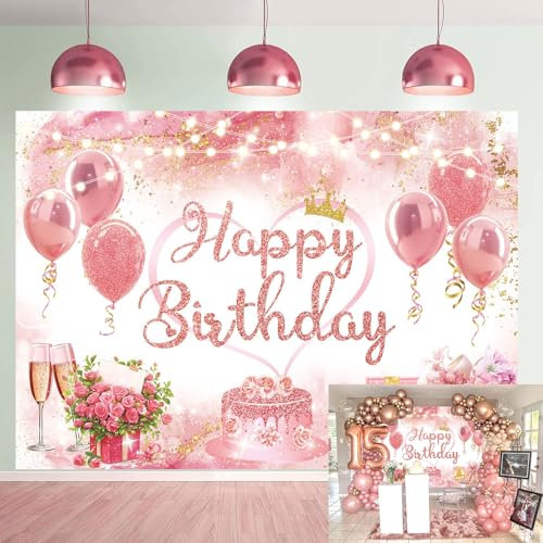 Toile de fond « Happy Birthday » or rose pour femme - 2,1 x 1,5 m - Paillettes or rose - Décoration de fête d'anniversaire - Accessoires photo