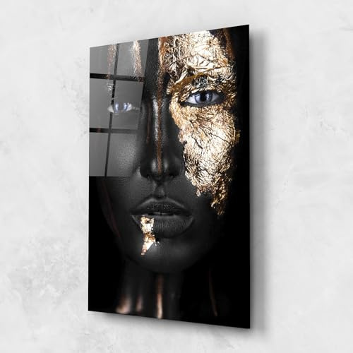 ARTHUB® Moderne impression sur verre 50x70 cm, 4mm verre trempé | Tableau en verre salon et chambre, Décoration murale moderne, Décoration intérieure, femmes, Golden Face