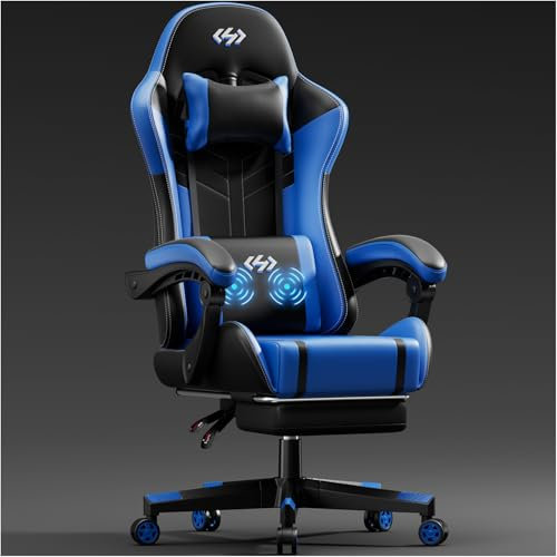 Precision Synergie Gaming Chair, Computer Chair for Adults with Footrest Headrest and Massage Lumbar Support Height Adjustable Gaming Chair 360° Swivel Seat for Home or Gaming, Black/Blue