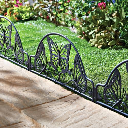 3 PAGEN® Gartenzaun mit Schmetterling Motiv aus Kunststoff – Zaunelement zur dekorativen Gartengestaltung – einfache Steckverbindung zur leichten Montage - 4er-Set in schwarz