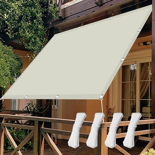 Balkonbespannung Reißfest 130 x 170 cm 98% Uv-Schutz Sonnenschutz Markisenstoffe Meterware mit Spannseilen mit Ösen für Garten Terrasse Balkon Schwimmbad, cremefarben