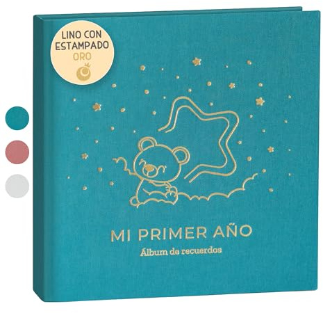 Album Fotos Bebe Mi Primer Año con Portada en Tela Lino y 75 Páginas - Libro Recuerdos Bebe con Pegatinas Ideal como Regalo Bebe Recien Nacido Niño y Niña Regalo Baby Shower - Album Bebe Primer Año