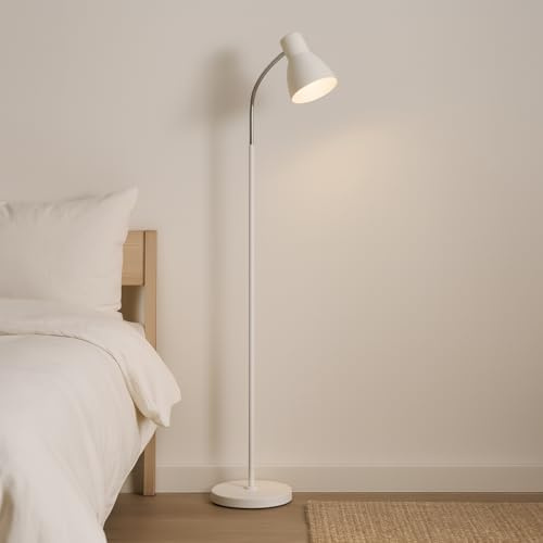 BURAKH Floor Lamp Metal Standing with Adjustable Neck Heavy Metal Base Reading Light | LED Floor Light for Bedroom, Living Room - Bulb Not Include (White)