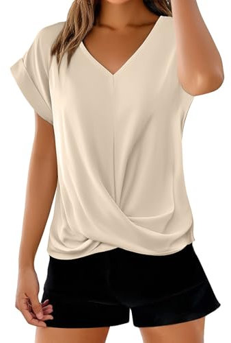 ZTFYKLIN T-Shirt Femme Manches Courtes Été Couleur Unie Polyvalente Blouses Col V Hauts Chic Et Élégant Tops Grande Taille Ample Chemise Doux Confortable Vêtements Lâche Respirant Tee Femmes