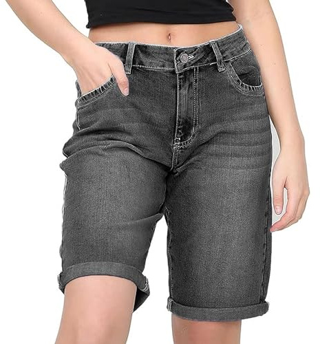 NOROZE Women's Ladies Knee Length Denim Stretchy Bermuda Shorts Contrast Turn Up Cropped Jean Shorts Denim Capri Pants Rolled-Up Hem (UK, Numeric, 20, Regular, Regular, Black Acid Wash)
