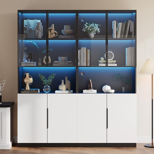 LANTRO JS Glasvitrinenschrank, Schaukasten Vitrine, Vitrine mit Licht, Aufbewahrungsregale mit Pop up Glastüren,für Wohnzimmer, 2 Glastüren und 1 Schrank, Zwei Stücke