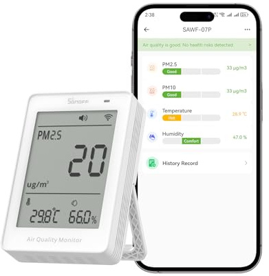 SONOFF Smart Indoor Air Quality Monitor with PM2.5, PM10, Temperature & Humidity Sensor, Real-Time Display & Alarm, Matter-Compatible, 2.4GHz WiFi, 3.73-inch Screen, for Bedroom, Nusery room