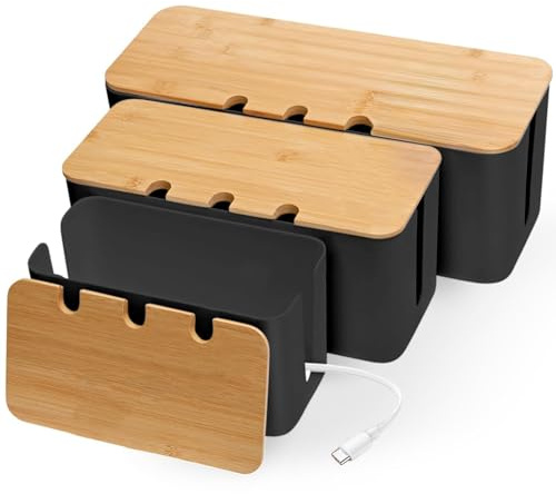 3 Stück Kabelbox, Kabel Organizer Box, mit Gelochtem Holzdeckel, Kabelmanagement Box zum Verstecken von Steckdosen und Kabeln, Drei Größen, Groß, Mittel und Klein, Schwarz