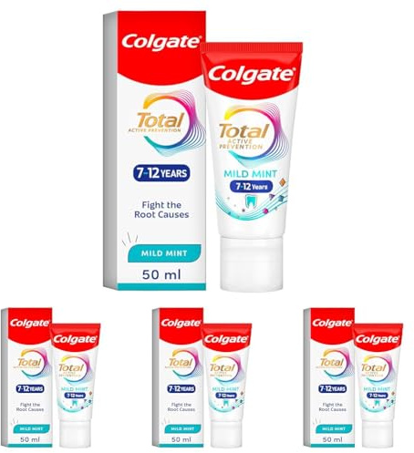 Colgate Total Kids 7-12 Years Mild Mint Toothpaste 50ml - for New Permanent Teeth - Fights Root Causes² of Many Oral Health Problems - Sugar Acid Protection³ - Suitable for Braces (Pack of 4)