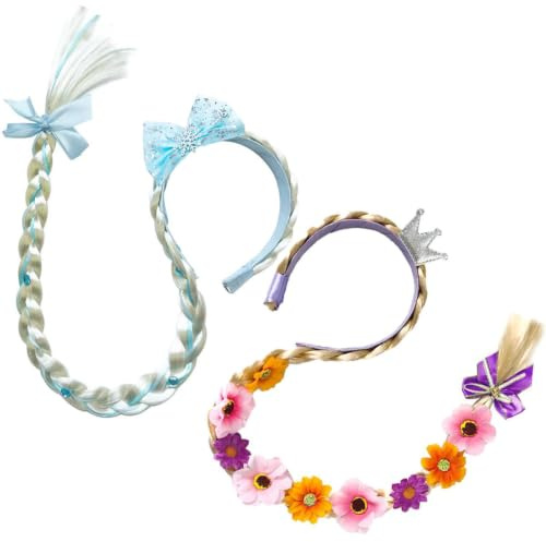 2Pcs Haarreif Prinzessin Zopf, Geflochtene Langhaar Perücke für Mädchen | Prinzessin Cosplay Perücke mit Blume, Haarschmuck für Kindergeburtstag, Halloween, Karneval und Maskerade