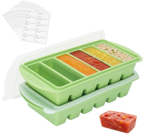 10PCS Freezer Labels +Silicone Soup Moulds with Lid 2 Pack 1/2 Cup Soup Freezer Tray Food Storage Containers for Freezing Extra Large Ice Cube Tray for Soupe, Broth, Sauce, Butter, Meal Prep,Green