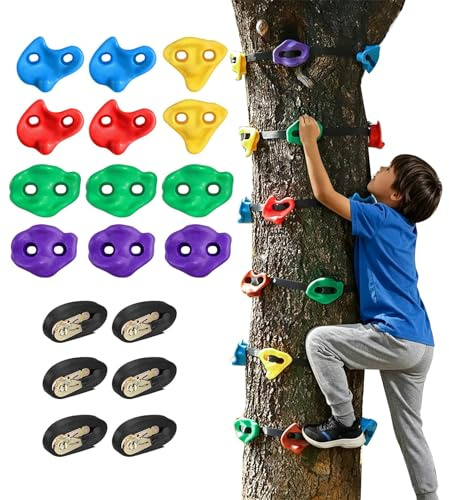 qorkhogr 12 Packs Rock Climbing Holds, Tree Climbing Holds with 6 Ratchet Straps, Kids Adults Obstacle Course Training Tree Climbing Kit for Outdoor, Backyard, Gym