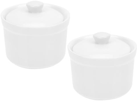 LALAFINA Zuppiera Ceramica Bianca 2 Pezzi da 380ml con Coperchio, Pentola per Stufati e Cottura a Vapore, Design Moderno e Funzionale, Adatta Microonde