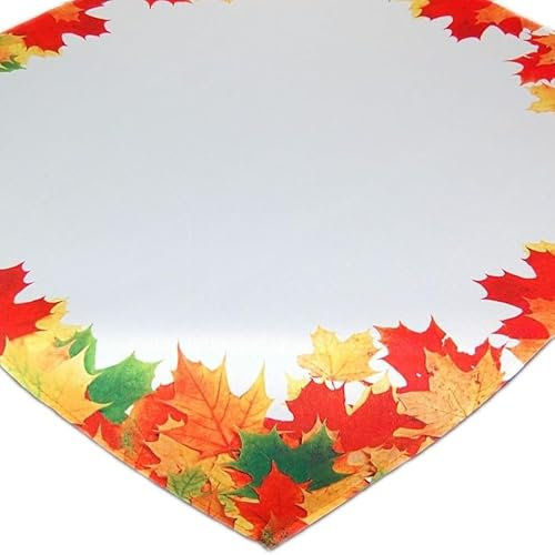 Farbenfrohe Tischdecke Herbst 110x110 cm quadratisch Decke Weiß Blätter Pflegeleicht Bügelfrei 100% Polyester (Mitteldecke 110x110 cm)